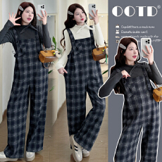 实拍有货~孕妇秋冬装加绒加厚2025新款格子背带裤套装