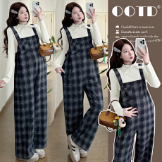 实拍有货~孕妇秋冬装加绒加厚2025新款格子背带裤套装