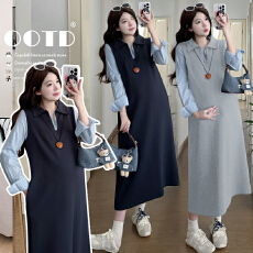 实拍有货 孕妇春装2026新款宽松大码长款衬衣拼接裙