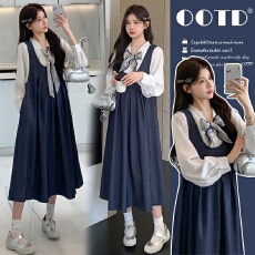 批发实拍有货 孕妇春装套装2026新款丝带衬衣+背心连衣裙套装