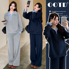 批发实拍有货 孕妇春装套装2026新款纯棉拼接条纹上衣+裤子套装