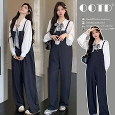 批发实拍有货 孕妇背带裤可调节肩带+丝巾衬衣套装2026新款