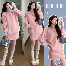 批发实拍有货 孕妇春装2026新款托腹可调节半身裙+衬衣领卫衣套装