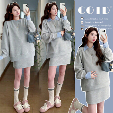 批发实拍有货 孕妇春装2026新款托腹可调节半身裙+衬衣领卫衣套装