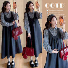 批发实拍有货 孕妇春装套装2026新款格子衬衣+宽松大码背心裙