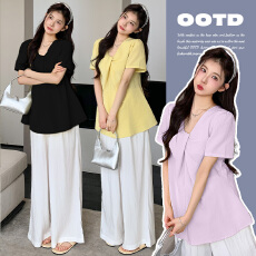 批发实拍有货 孕妇夏装套装2026新款短袖+可调节猪鼻扣九分阔腿裤套装