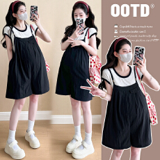 实拍有货 孕妇夏装套装宽松背带裤2026经典黑色清凉套装