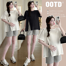 实拍有货 孕妇夏装上衣短款开叉优质精棉宽松大码T恤