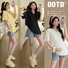 实拍有货 孕妇上衣长款纯棉短袖V领显瘦宽松大版T恤