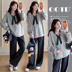 批发实拍有货 孕妇<b class='q'>春</b>装套装2026新款系袋V领上衣+格子裤套装