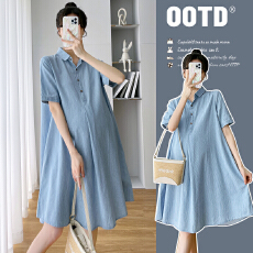 实拍有货孕妇 宽松大码水洗牛仔棉条纹连衣裙