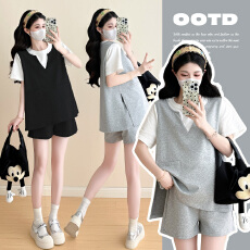 实拍有货 孕妇夏装套装短袖短裤2026拼色假两件上衣+托腹裤套装