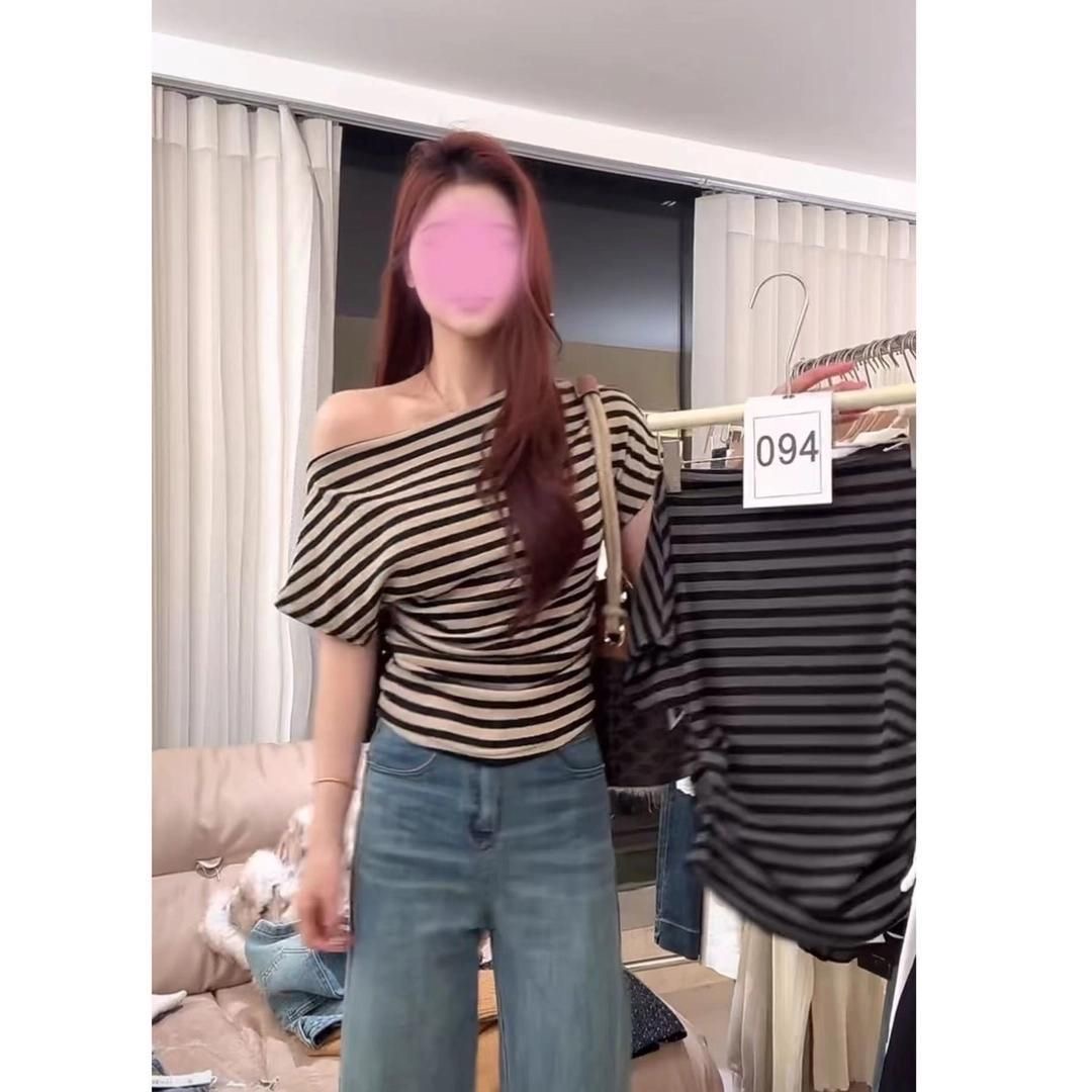 MY10848# 慵懒风复古斜肩短袖条纹T恤女夏季宽松纯欲辣妹小众chic百搭上衣女裝貨源服裝批發