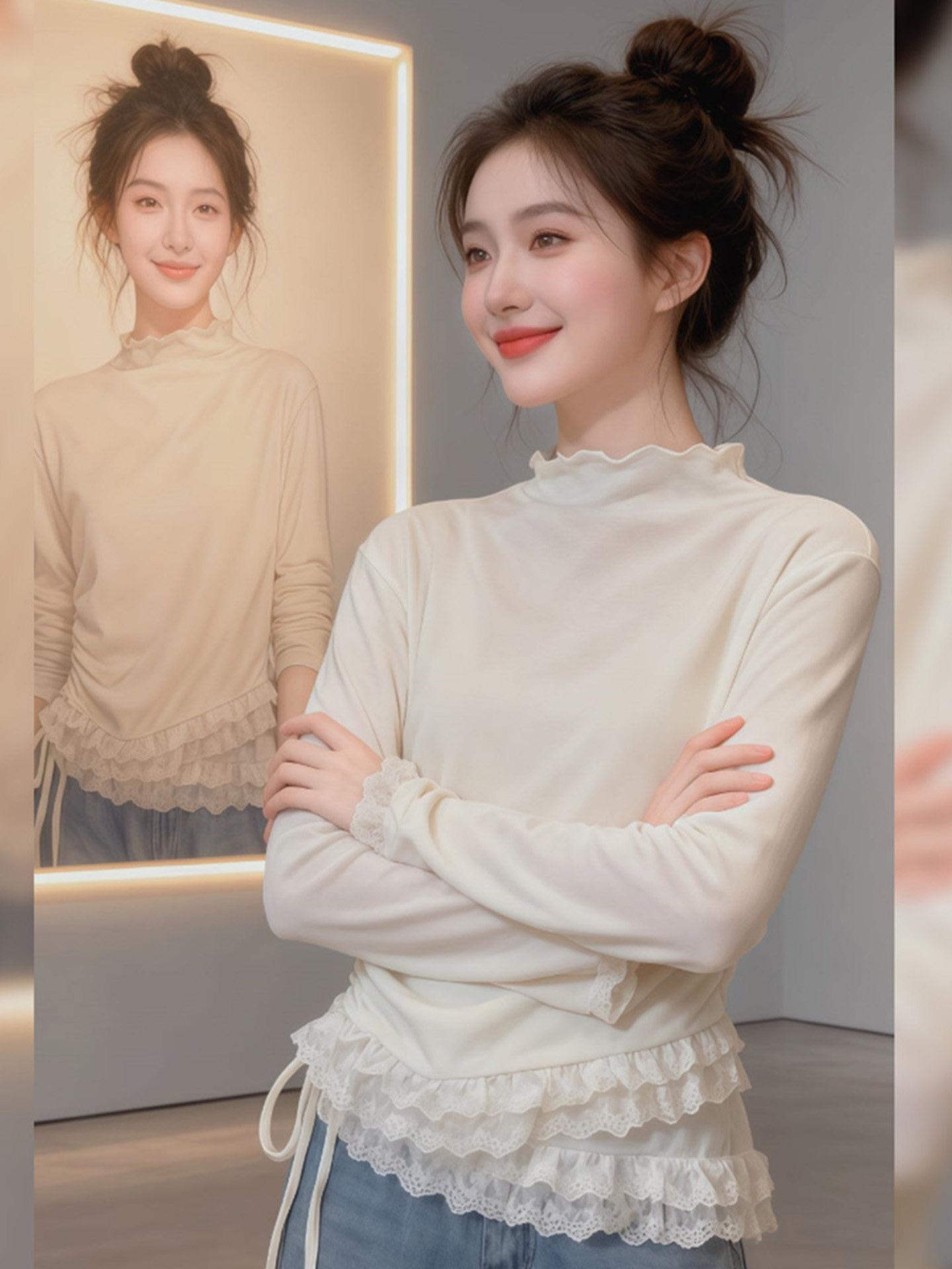 300 그램 사람들 면 연삭 털 2025 봄 가을 새로운 한국 스타일 긴팔 티셔츠 여성 디자인 센스