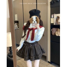 批发实拍~韩系甜美木耳边拼接<b class='q'>显瘦</b>半身裙防走光a字短裙