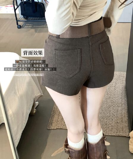 실사 가을 겨울 새로운 한국 스타일 미니멀리즘 단색 출퇴근 다용도 모직 캐주얼 반바지 슬림해 보이는 몸매 가꾸기 부츠 팬츠 여성
