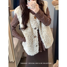 批发实拍~韩系百搭坎肩马甲羊羔毛背心上衣叠穿花边磨毛内搭长袖