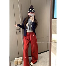 批发实拍~圣诞氛围减龄卡通刺绣弯刀卫裤冬季加绒加厚高腰阔腿休闲裤