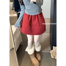 批发实拍~圣诞新年红色毛呢半身裙女<b class='q'>秋</b>冬高腰a字中裙显瘦花苞短裙