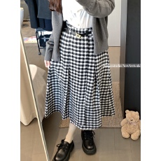 批发实拍~秋冬复古百搭高腰显瘦A字<b class='q'>半身</b>裙半松紧中长款毛呢格纹裙子