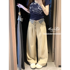 批发实拍~拼色<b class='q'>格子</b>翻边<b class='q'>西装</b>裤女春夏新款垂感休闲直筒阔腿长裤