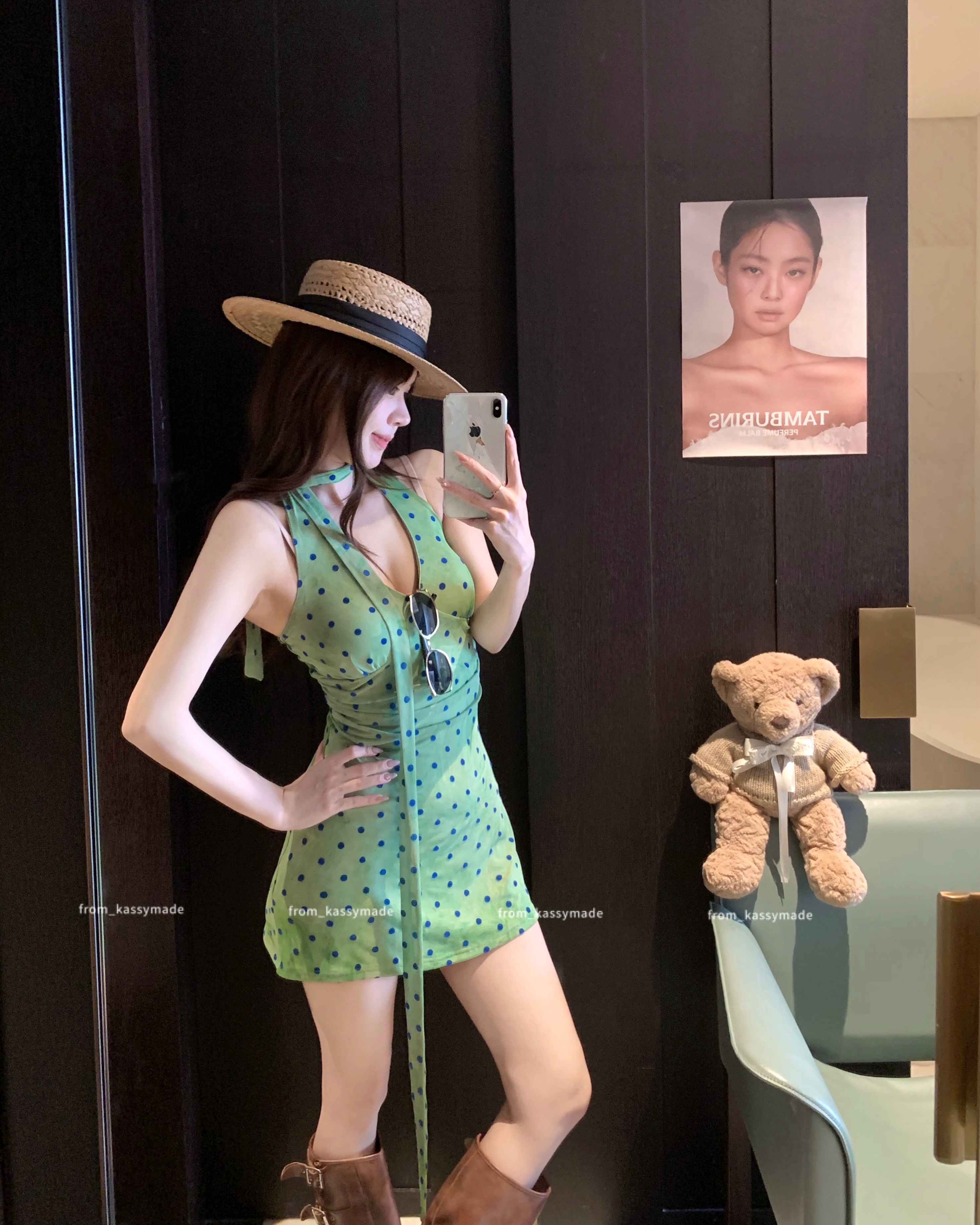 실사 여름 프랑스식 레트로 휴가 바람 도트 무늬 행침 목 V넥 꼬집기 허리 드레스