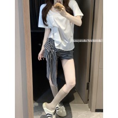 批发实拍~韩系纯欲辣妹时尚黑白条纹绑带阔腿裤女夏季百搭休闲裤<b class='q'>短裤</b>