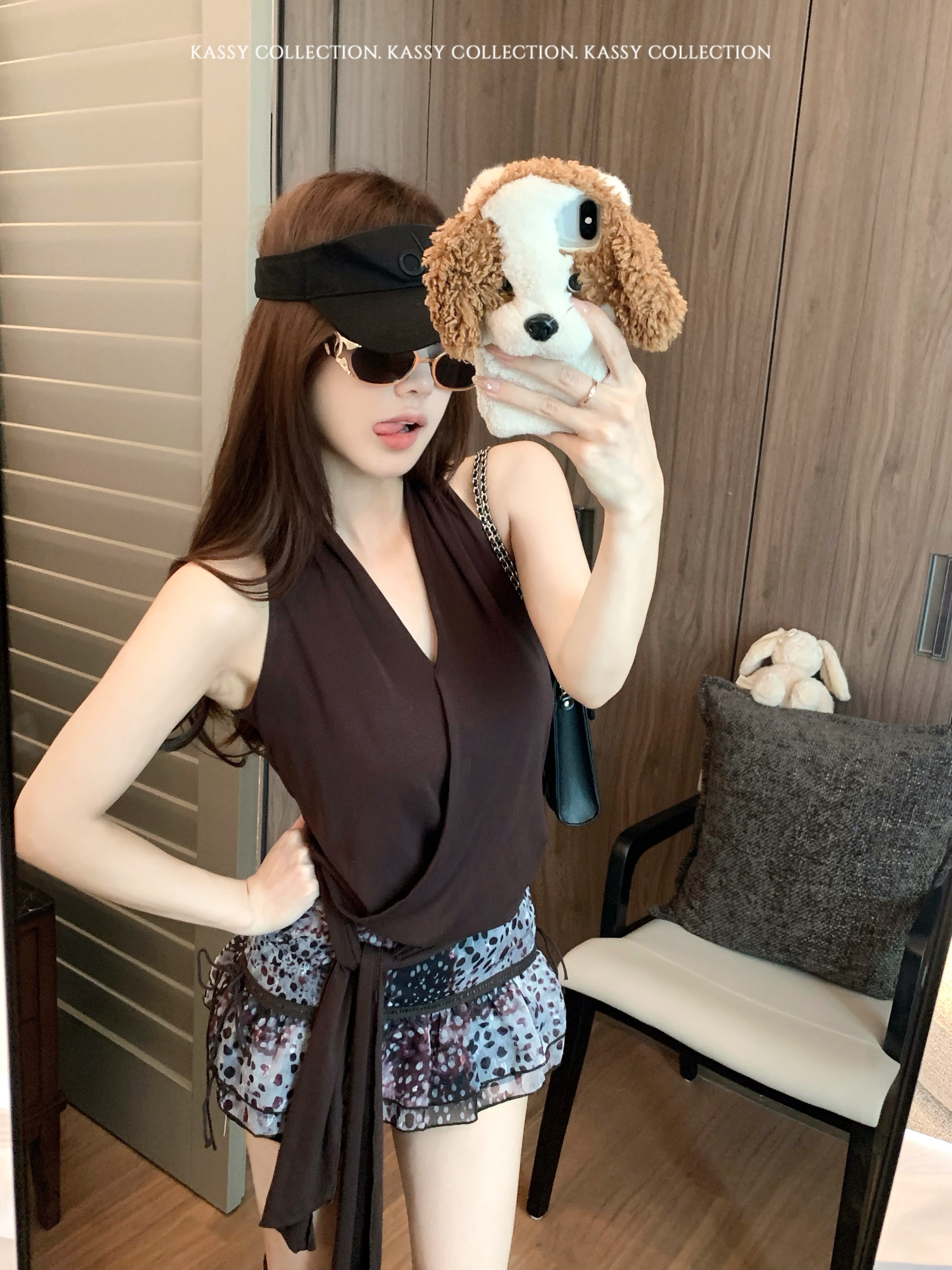 실사 레트로 품격 단색 리본 민소매 조끼 여성 레오파드 무늬 반신 스커트 미니 스커트 투피스 세트