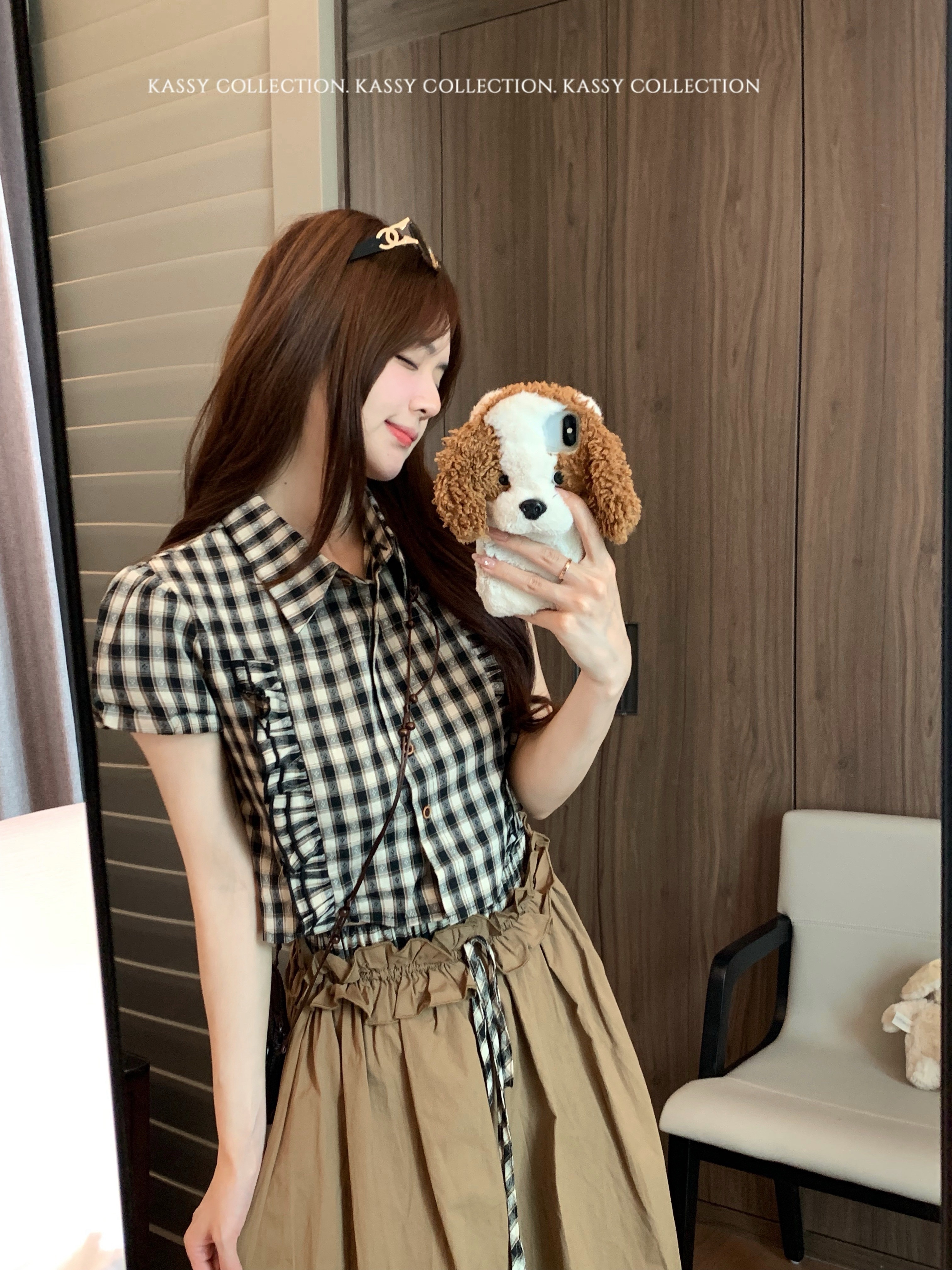 실사 레이스 체크무늬 반팔 여성 셔츠 여름 패치워크 하이웨이스트 루즈핏 한 마디 중간 길이 치마 세트