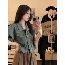 批发实拍~复古减龄短款牛仔外套短袖上衣