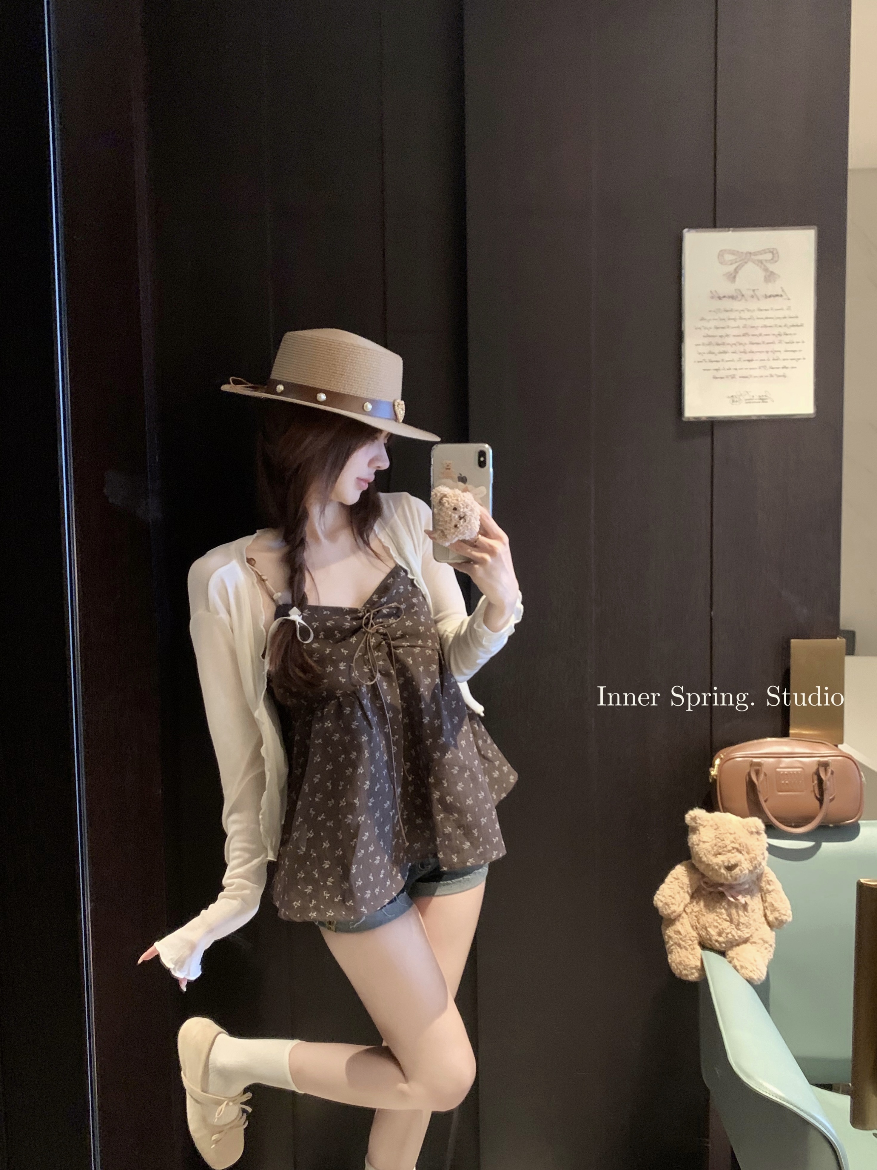 실사 여름 새로운 달콤함 나비 매듭 꽃무늬 캐미솔 프릴 긴팔 오픈 가디건 투피스 세트