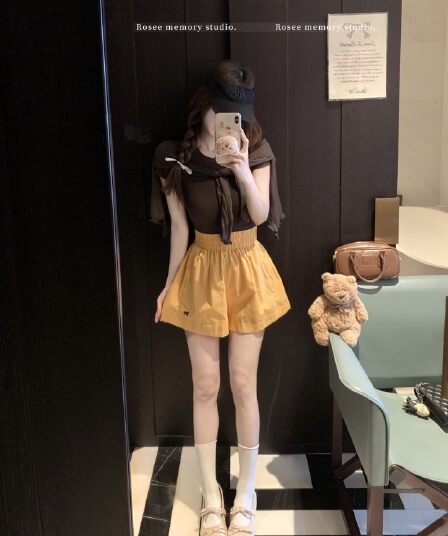 실사 여름 면 린넨 밴딩 하이웨이스트 자수 작은 말 반바지 슬림해 보이는 와이드 레그 팬츠 캐주얼 바지