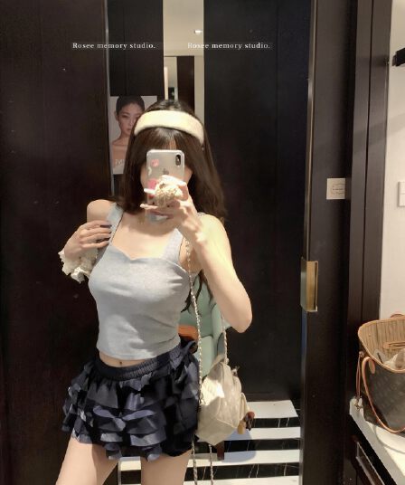 실사 와이드 어깨끈 슬립 민소매 작은 조끼 여성 여름 분기 별 칼라 표지 대리인 우유 몸매 가꾸기 순수한 욕망 쇼트 스타일 맨위