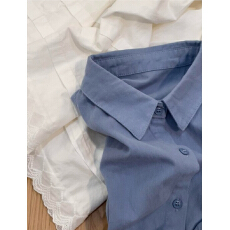 批发纯棉  轻奢蓝色纯棉外搭早秋宽松显瘦韩系设计感纯色排扣开衫衬衣