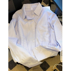 批发春<b class='q'>夏</b>薄款宽松休闲外穿蓝色条纹衬衫韩版松弛感穿搭常规款长袖上衣