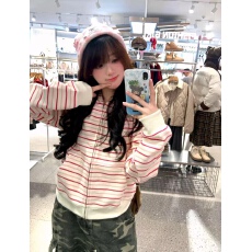 批发330g纯棉 薄款/加绒 粉白条纹韩系穿搭女装连帽衫<b class='q'>外套</b>上衣<b class='q'>百搭</b>款