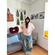 批发330g纯棉 薄款/加绒 粉白条纹韩系高级感女装卫衣<b class='q'>百搭</b>款<b class='q'>外套</b>上衣