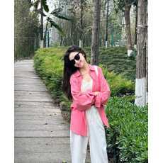 批发高级感百搭款女生衬衣树莓红色衬衫春秋薄外套常规款<b class='q'>长袖</b>开衫上衣