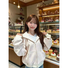 批发330g纯棉 加绒薄款 甜美风女装条纹设计感加绒开衫款<b class='q'>外套</b><b class='q'>百搭</b>上衣