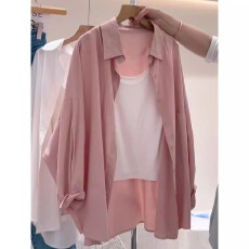 批发纯棉有口袋13个色  粉色高级感<b class='q'>衬衫</b>排扣春夏季外套长袖新品宽松版