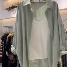 批发纯棉有口袋13个色  豆绿色百搭款<b class='q'>衬衫</b>排扣开衫款长袖POLO领外套衫