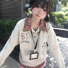 批发330g纯棉 刺绣 有挂牌 <b class='q'>大码</b>秋季宽松小狗刺绣假两件卫衣翻领<b class='q'>上装</b>