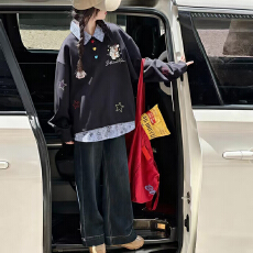 批发330g纯棉 刺绣 有挂牌 外穿款新品格纹设计甜美风女生套头款上衣