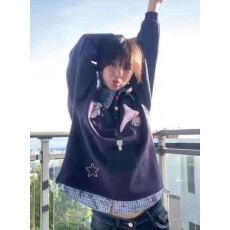 批发330g纯棉 刺绣 有挂牌 格子拼接假两件卫衣女秋季款超好看<b class='q'>POLO</b><b class='q'>衫</b>