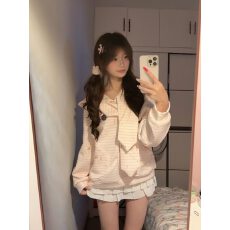 批发原版面料 满印 满印小狗条纹<b class='q'>连帽卫衣</b>女粉色慵懒风外套超好看女装