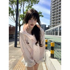 批发原版面料 满印 满印小狗条纹<b class='q'>连帽卫衣</b>女粉色慵懒风外套超好看女装