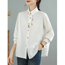 批发新款白色百<b class='q'>搭</b>衬衫<b class='q'>长袖</b>外套<b class='q'>开衫</b>排扣设计感休闲款POLO领常规款上衣