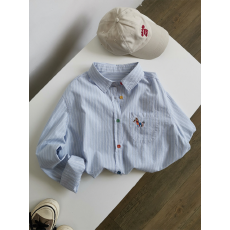 蓝白条纹彩色小马翻领衬衫_巨好看舒服！百搭纯棉中长款叠穿衬衣