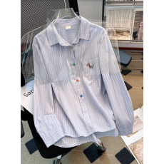 蓝白条纹彩色小马翻领衬衫_巨好看舒服！百搭纯棉中长款叠穿衬衣