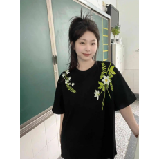 批发国潮美式花卉刺绣纯棉短袖t恤女夏季新款高街情侣慵懒风宽松上衣